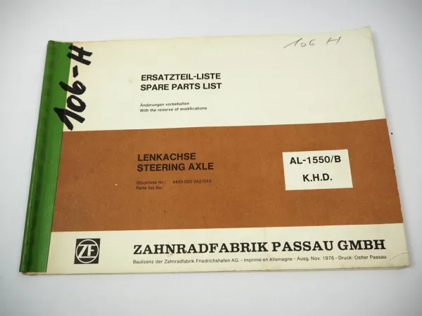 ZF AL-1550/B Lenkachse Steering Axle Ersatzteilliste Deutz Parts List 11/1976