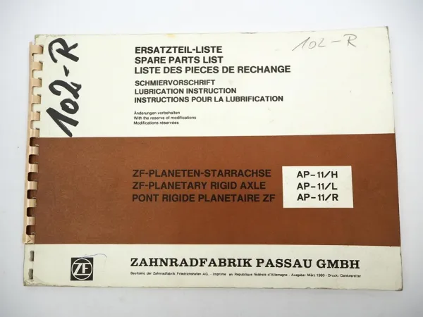 ZF AP-11/H L R Starrachse Ersatzteilliste MF Hanomag Frisch Zettelmeyer Centrozap