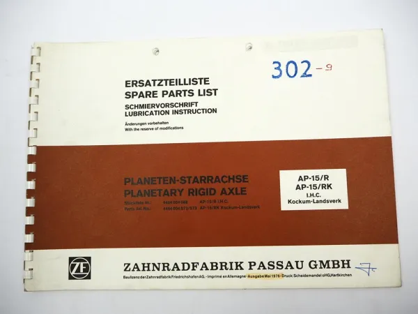 ZF AP-15/R RK Starrachse Ersatzteilliste IHC Kockum-Landsverk Parts List 05/76
