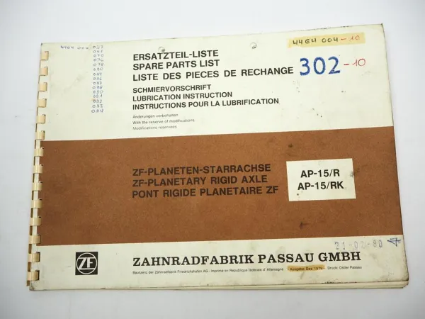ZF AP-15/R RK Starrachse Ersatzteilliste IHC Kockum-Landsverk Parts List 12/79