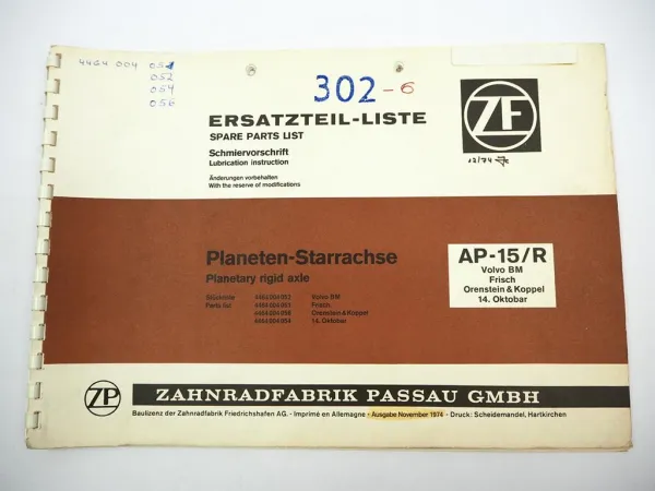ZF AP-15/R Starrachse Ersatzteilliste Volvo BM Frisch O&K 14. Oktobar 11/1974