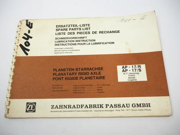 ZF AP-17/R/S Planeten Achse Ersatzteilliste MF Hanomag Frisch Benati Cogema 77