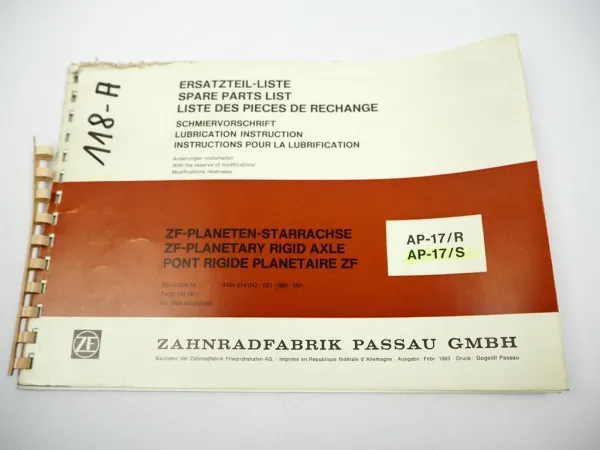 ZF AP-17/R/S Planeten Achse Ersatzteilliste MF Hanomag Frisch Benati Cogema 83