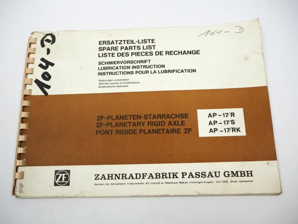 ZF AP-17/R/S/RK Planeten Starrachse Ersatzteilliste Hanomag Zettelmeyer MF 1979