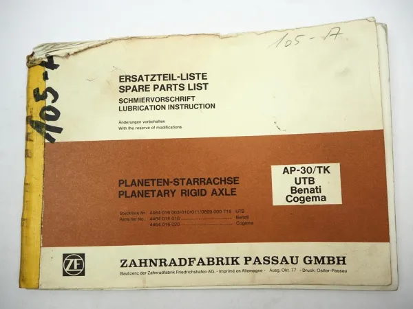 ZF AP-30/TK Planetenstarrachse Ersatzteilliste UTB Benati Cogema Parts List 1977