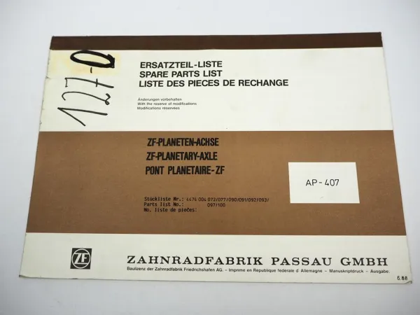 ZF AP-407 Planeten Achse Ersatzteilliste Hanomag Liebherr Parts List 06/88