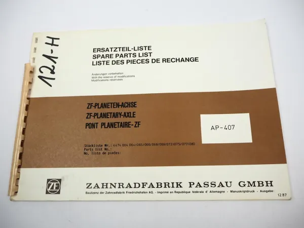 ZF AP-407 Planeten Achse Ersatzteilliste Hanomag Liebherr Parts List 12/1987