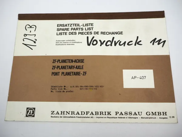 ZF AP-407 Planeten Achse Ersatzteilliste Hanomag Liebherr Parts List 12/1988