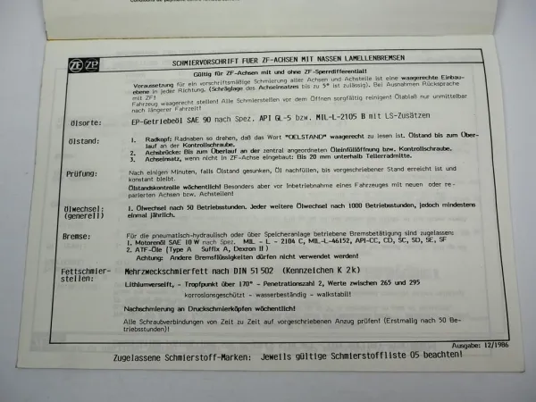 ZF AP-407 Planeten Achse Ersatzteilliste Hanomag Liebherr Parts List 12/1988
