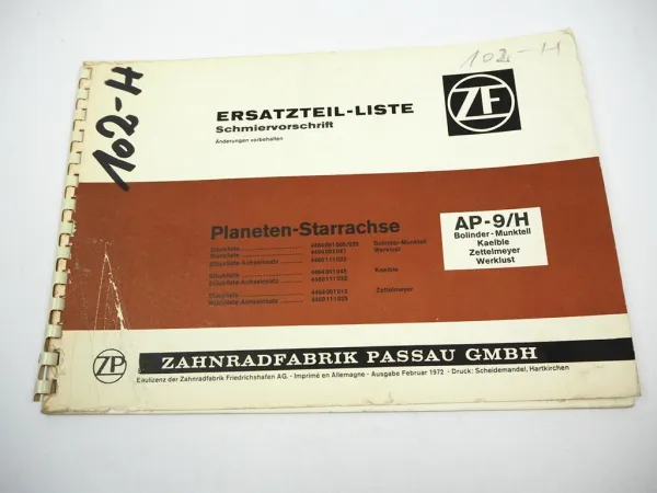 ZF AP-9/H Achse Ersatzteilliste Zettelmeyer Kaelble Werklust Bolinder-Munktell
