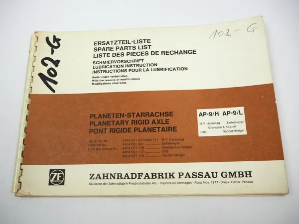 ZF AP-9/H/L Achse Ersatzteilliste MF Hanomag Zettelmeyer O&K UTB Vandel-Steiger