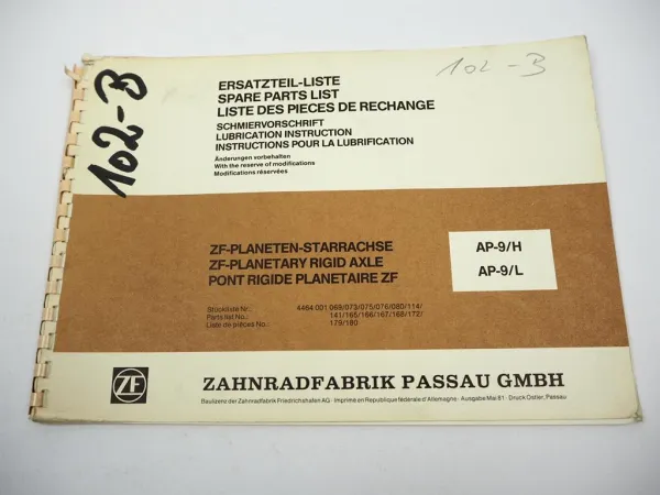 ZF AP-9/H/L Achse Ersatzteilliste MF Hanomag Zettelmeyer O&K UTB Vandel-Steiger