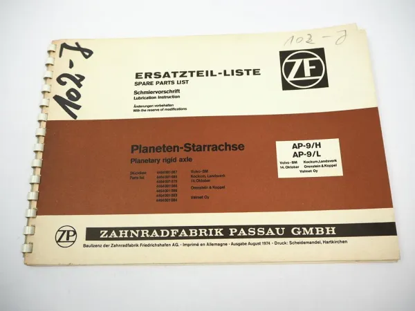 ZF AP-9/H/L Achse Ersatzteilliste Volvo-BM O&K Valmet Oy 14. Oktobar Kokum 1974