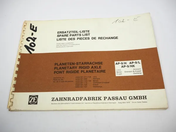 ZF AP-9/H/L/HK Achse Ersatzteilliste IHC O&K Ahlmann Frisch Benati Oestgergs 79