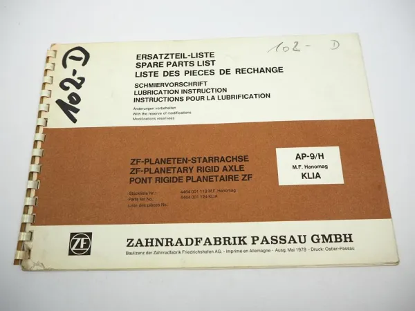 ZF AP-9/H Planeten Achse Ersatzteilliste Hanomag Massey Ferguson Klia Parts List