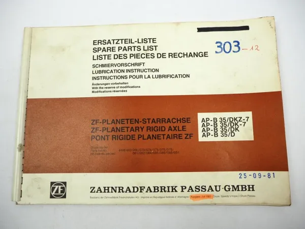 ZF AP-B 35/D DK DKZ-7 Starrachse Ersatzteilliste Liebherr Gottwald Parts List 81