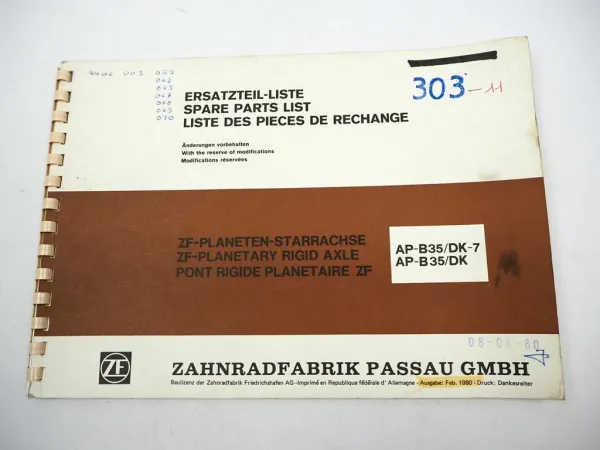 ZF AP-B 35/DK DK-7 Starrachse Ersatzteilliste Harnischfeger Parts List 02/1980