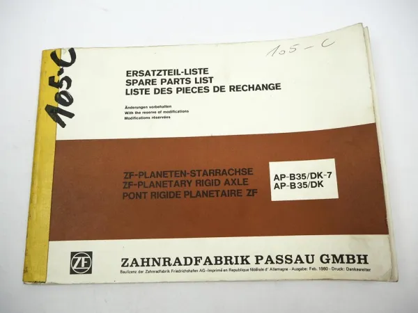 ZF AP-B 35/DK DK-7 Starrachse Ersatzteilliste Harnischfeger Parts List 02/1980