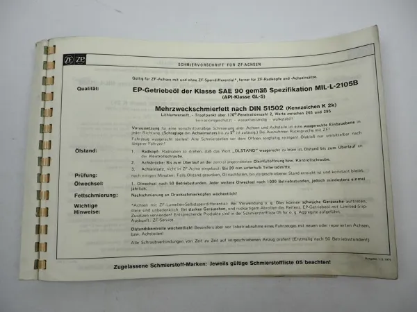 ZF AP-B 35/DK DK-7 Starrachse Ersatzteilliste Harnischfeger Parts List 02/1980