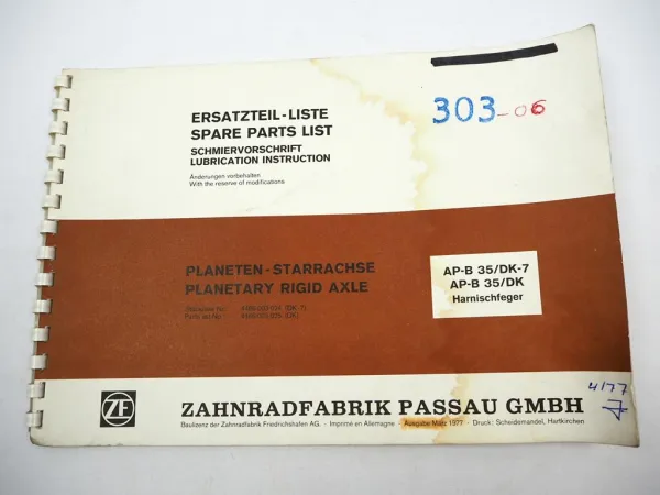 ZF AP-B 35/DK DK-7 Starrachse Ersatzteilliste Harnischfeger Parts List 03/1977