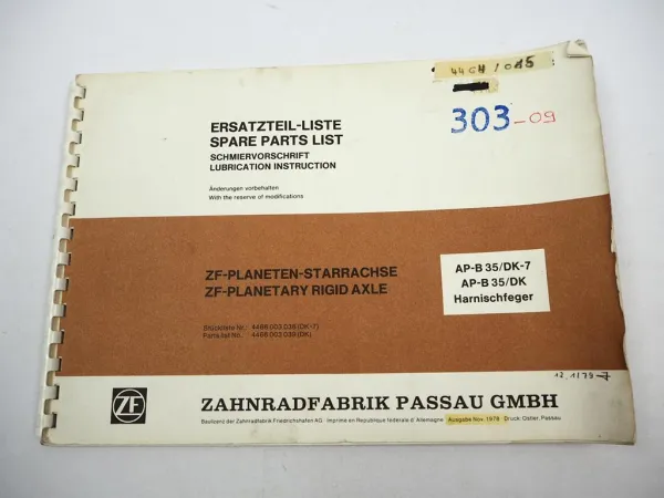 ZF AP-B 35/DK DK-7 Starrachse Ersatzteilliste Harnischfeger Parts List 11/1978