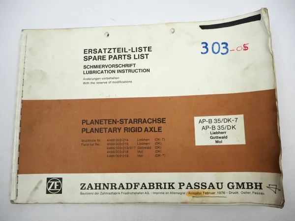 ZF AP-B 35/DK DK-7 Starrachse Ersatzteilliste Liebherr Gottwald Mol Parts List 76