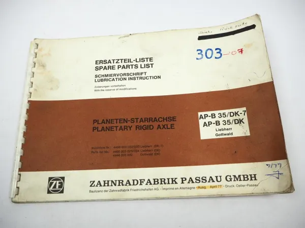 ZF AP-B 35/DK DK-7 Starrachse Ersatzteilliste Liebherr Gottwald Parts List 04/77