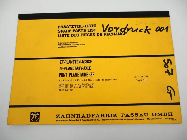 ZF AP-B 755 Planetenachse 1 AVG 100 Getriebe Ersatzteilliste Liebherr 02/1990