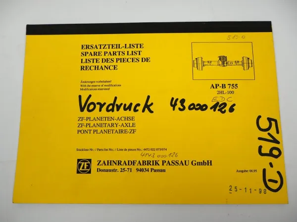 ZF AP-B 755 Planetenachse 2 HL 100 Getriebe Ersatzteilliste Liebherr 06/1995