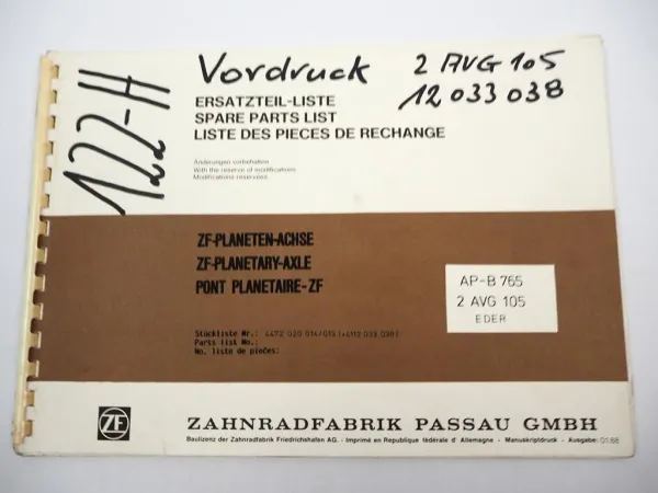 ZF AP-B 765 Planetenachse 2AVG 105 Getriebe Eder Ersatzteilliste Parts List 88