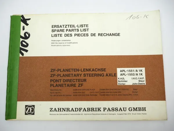 ZF APL-1551 1552/A1K Lenkachse Ersatzteilliste Schlüter Eicher John Deerer Deutz