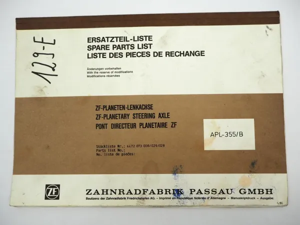 ZF APL-355/B Planetenlenkachse Ersatzteilliste Eder Caterpillar Zeppelin 1986