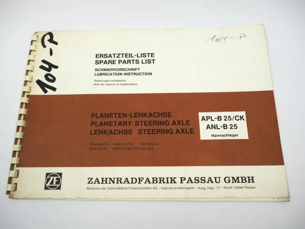 ZF APL-B 25/CK ANL-B 25 Lenkachse Ersatzteilliste Harnischfeger Parts List 1977