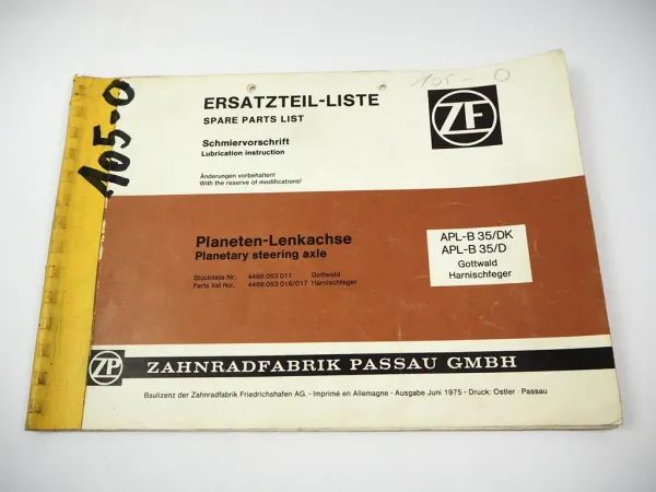 ZF APL-B 35/D /DK Planetenlenkachse Ersatzteilliste Gottwald Harnischfeger 1975