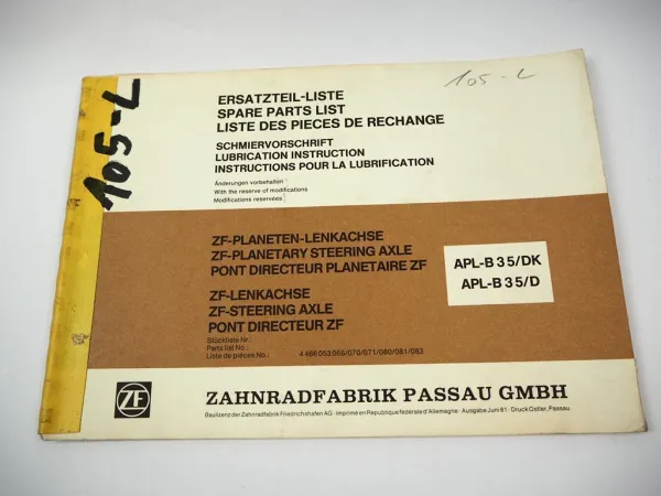 ZF APL-B 35/D DK Planetenlenkachse Ersatzteilliste Parts List Harnischfeger 81