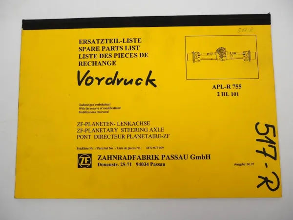 ZF APL-R 755 Planetenlenkachse 2HL101 Getriebe Ersatzteilliste Liebherr 6/97