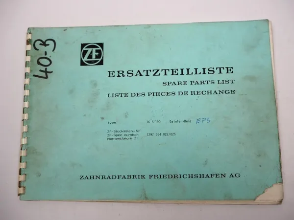 ZF Ecosplit 16 S 190 EPS Getriebe Ersatzteilliste Daimler Benz Parts List 08/86
