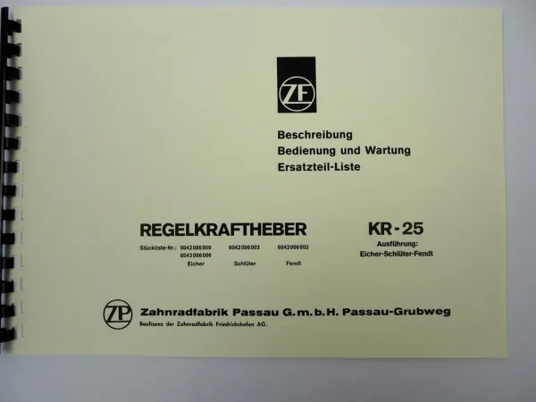 ZF KR-25 Regelkraftheber Bedienung Wartung Ersatzteilliste Eicher Schlüter Fendt