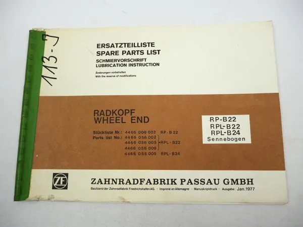 ZF RP-B 22 RPL-B 22 24 Radkopf Ersatzteilliste Sennebogen Spare Parts List 1/77