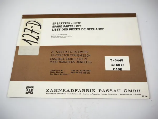 ZF T-3445 Schleppertriebwerk Case mit KR-25 Kraftheber Ersatzteilliste Parts List
