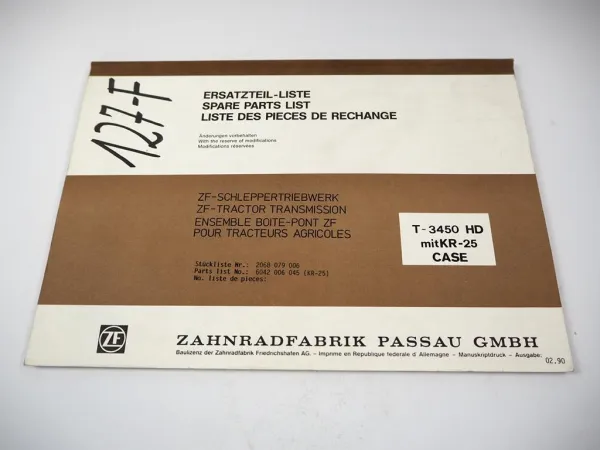 ZF T-3450 HD Schleppertriebwerk mit KR-25 Kraftheber Ersatzteilliste Case 1990