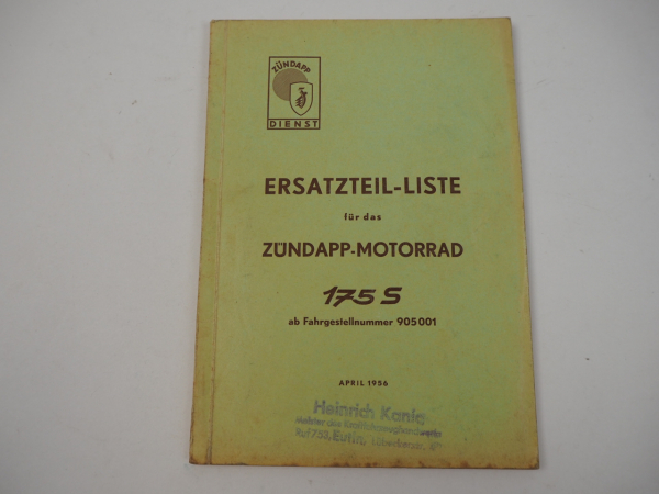 Zündapp 175S Motorrad Ersatzteilliste Ersatzteilkatalog 1956