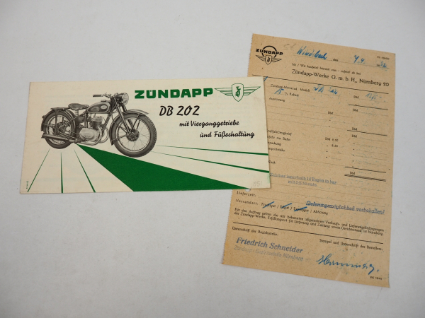 Zündapp DB202 7,5PS 200ccm Motorrad Prospekt Rechnung 1952