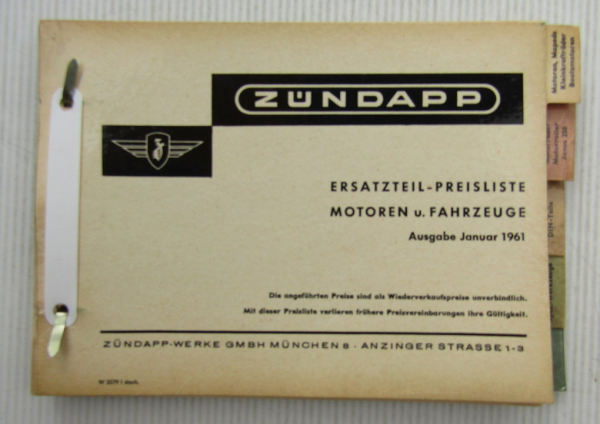 Zündapp Ersatzteil-Preisliste für Motoren und Fahrzeuge Januar 1961