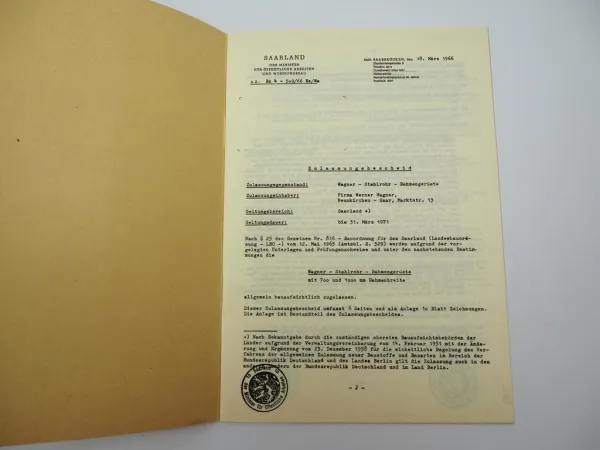Zulassungsbescheid Wagner Stahlgerüst Neunkirchen 1966 Bauministerium Saarland
