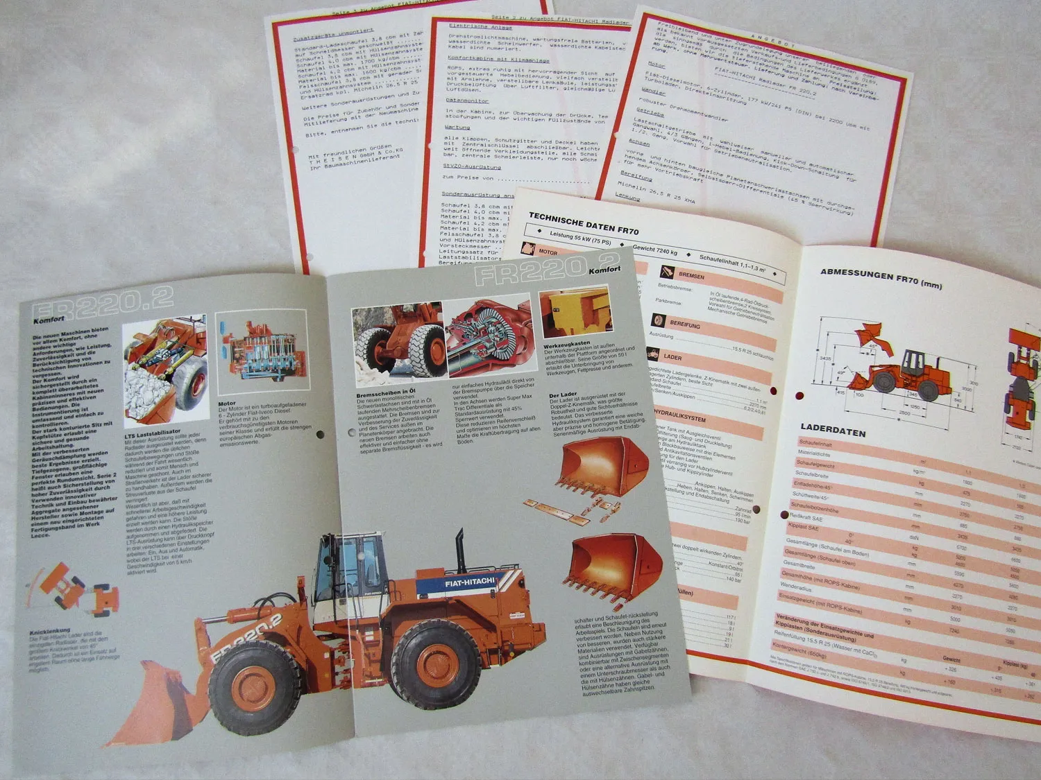 10 Prospekte Fiat-Hitachi Radlader mit Preis Angebot FR70 FR90 - FR220.2 um 93