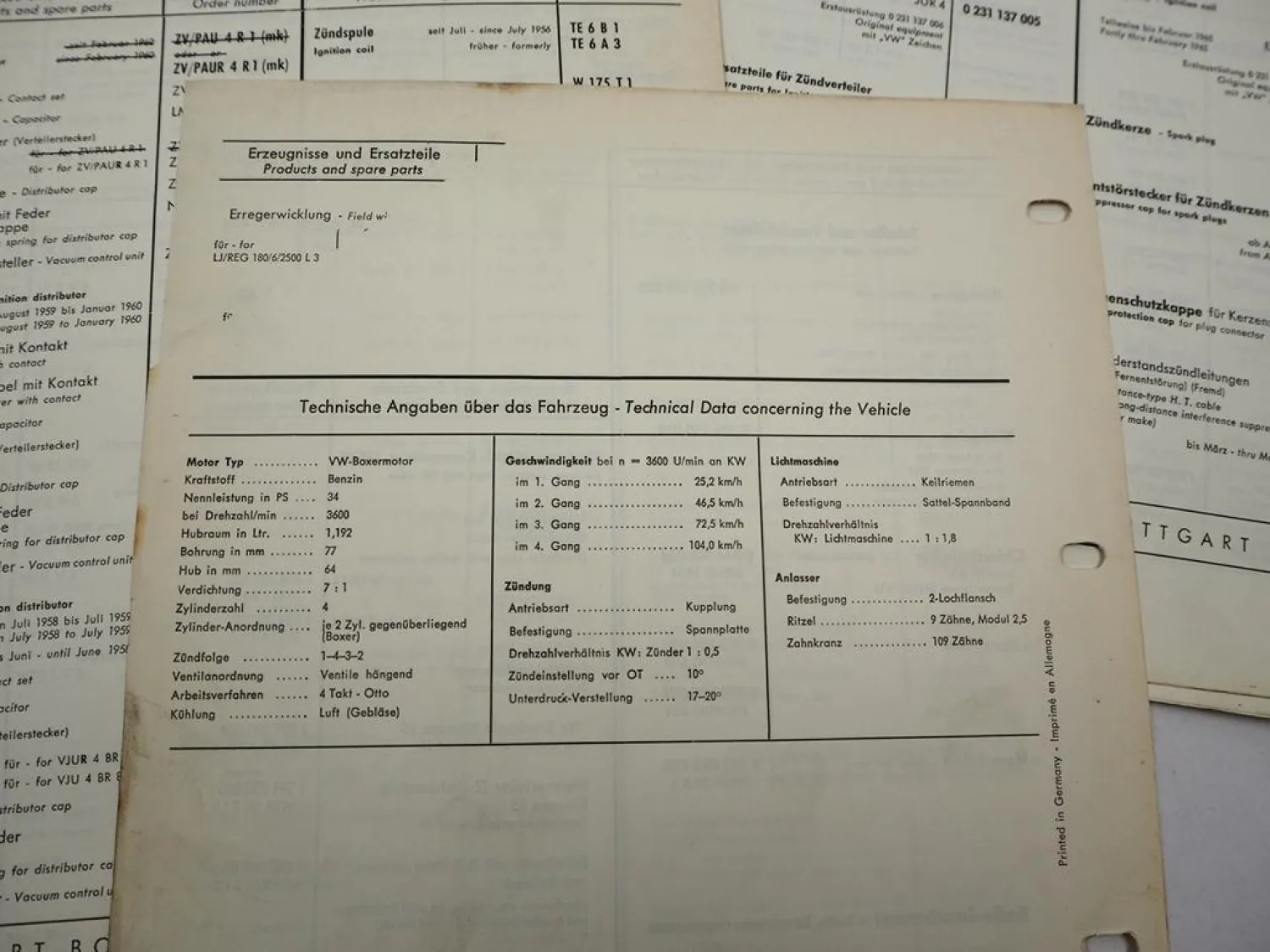 10x Original Bosch Service-Liste für VW Karmann Ghia 1955–1971