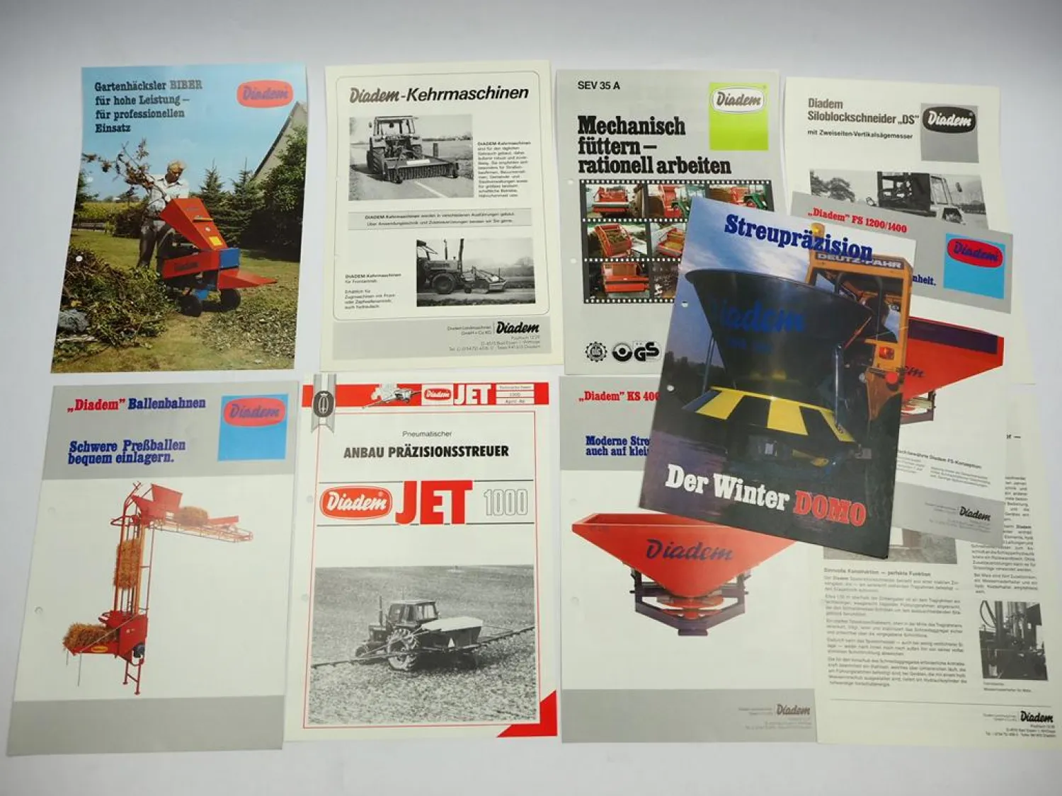 10x Original Prospekt Diadem Landtechnik 1970/80er J. Düngerstreuer Ballenbahn