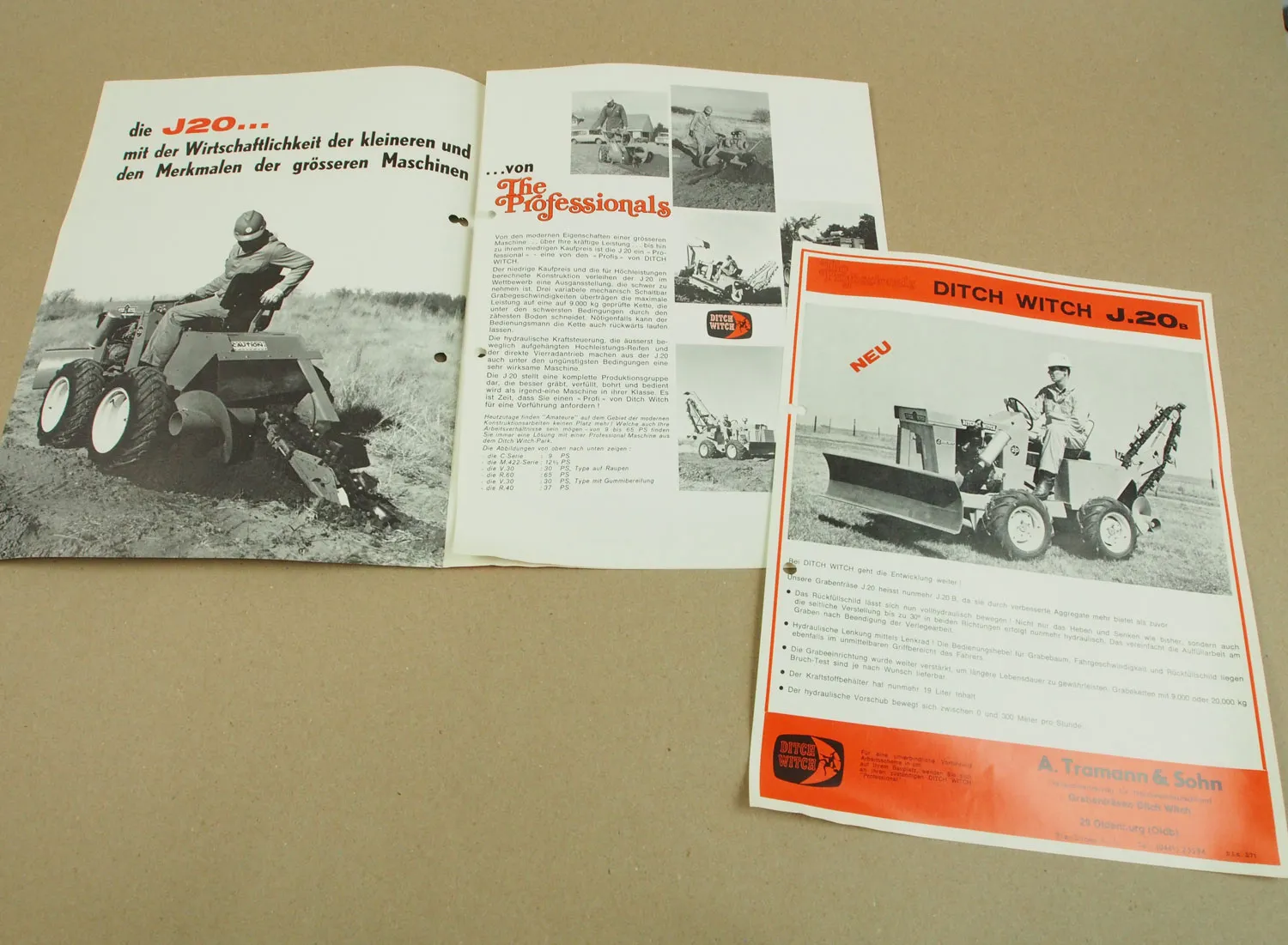 11 Prospekte Ditch Witch J20 M422 R65 V30 R40 J20b aus den 70er Jahren