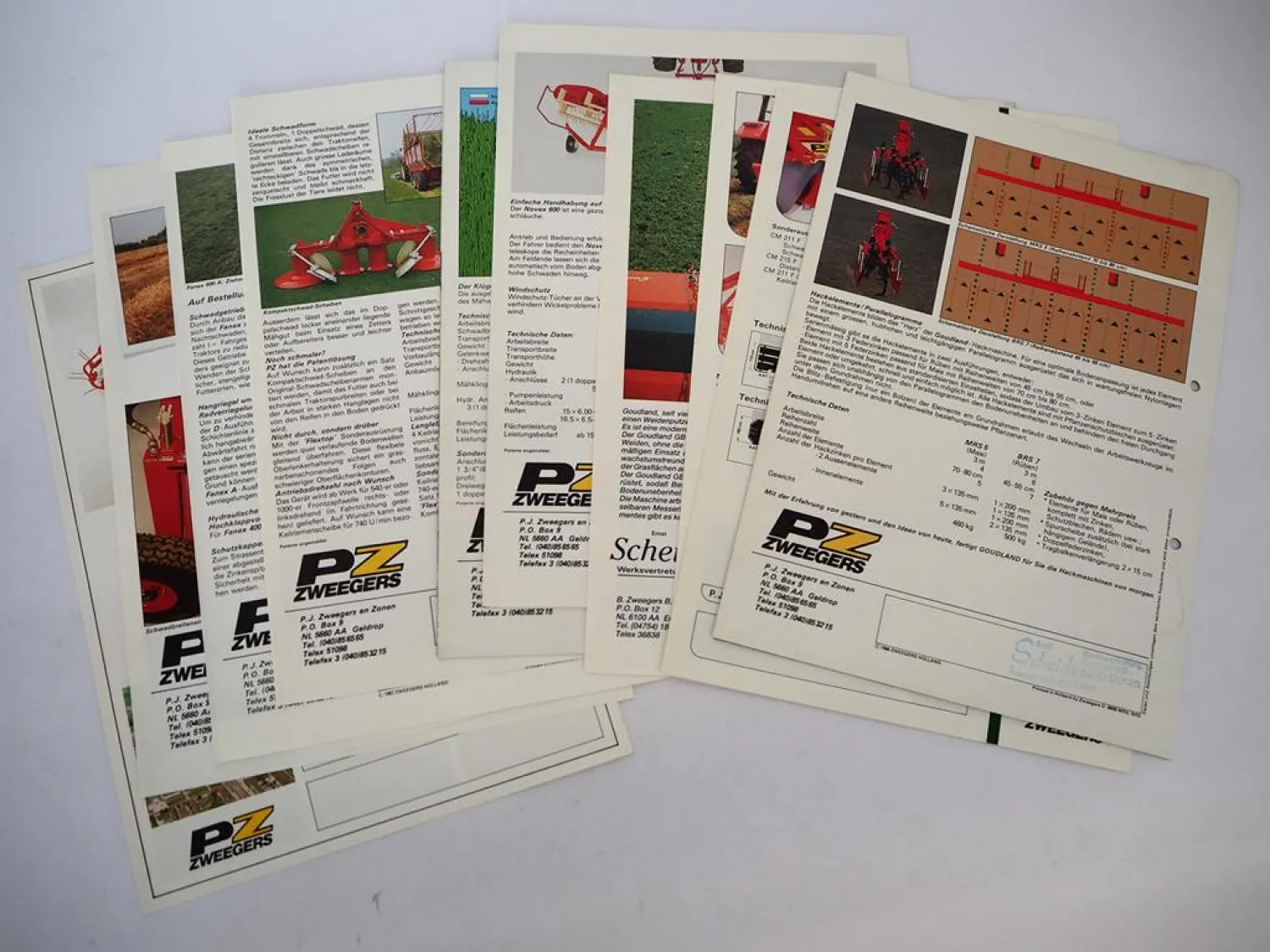 11x Original Prospekt PZ Zweegers Landtechnik Mäher Schwader Zetter 1980er Jahre